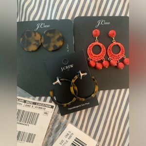 Set of three (3) J. Crew earrings red dangle, tortoise hoop and tortoise disc